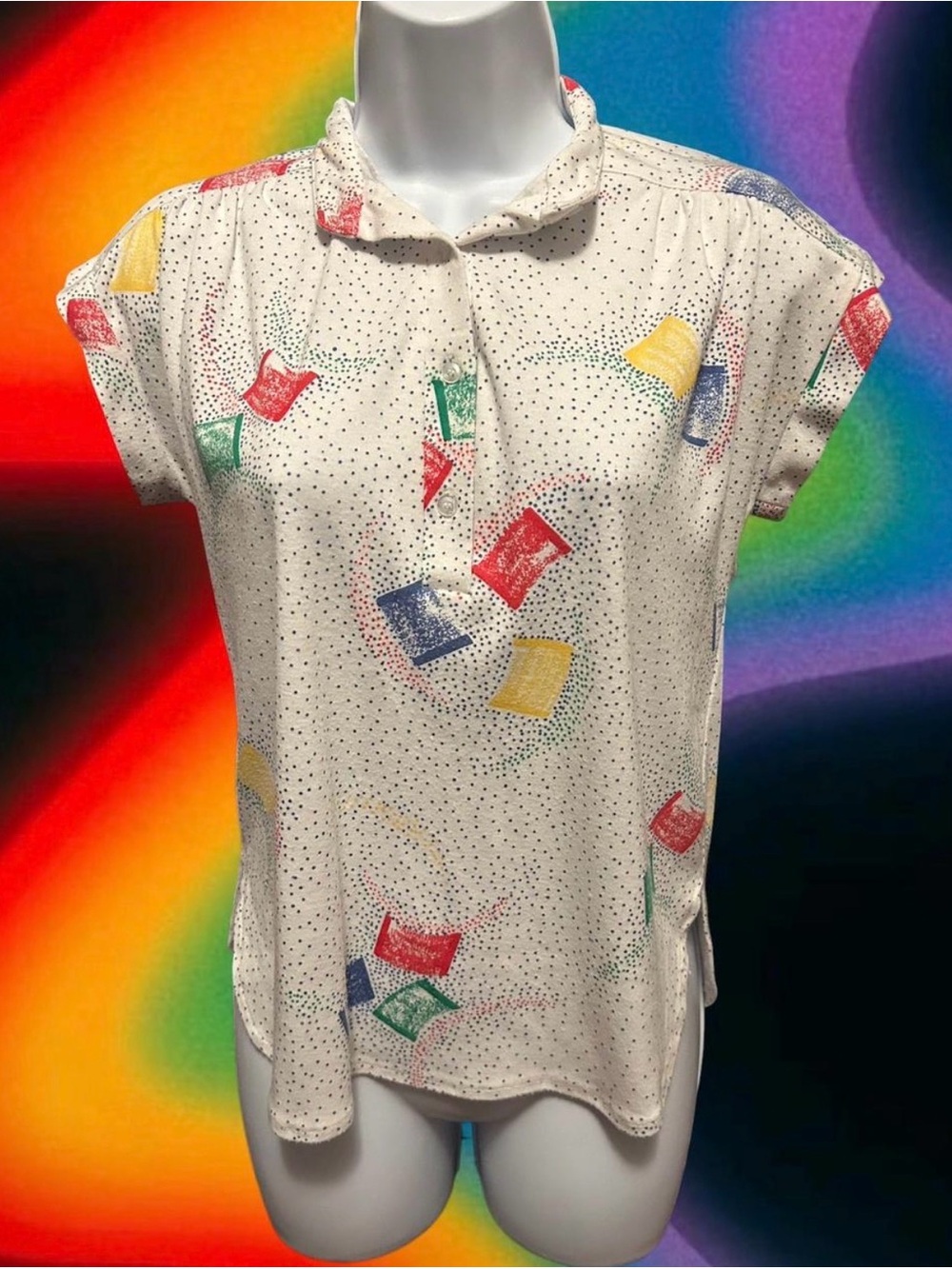 Vintage 1980’s colorful confetti and geometric square pattern top
